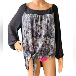 Cluny Abstract Silk Front Sheer Back Sleeves Knotted Hem Detail Top Blouse Sz 14